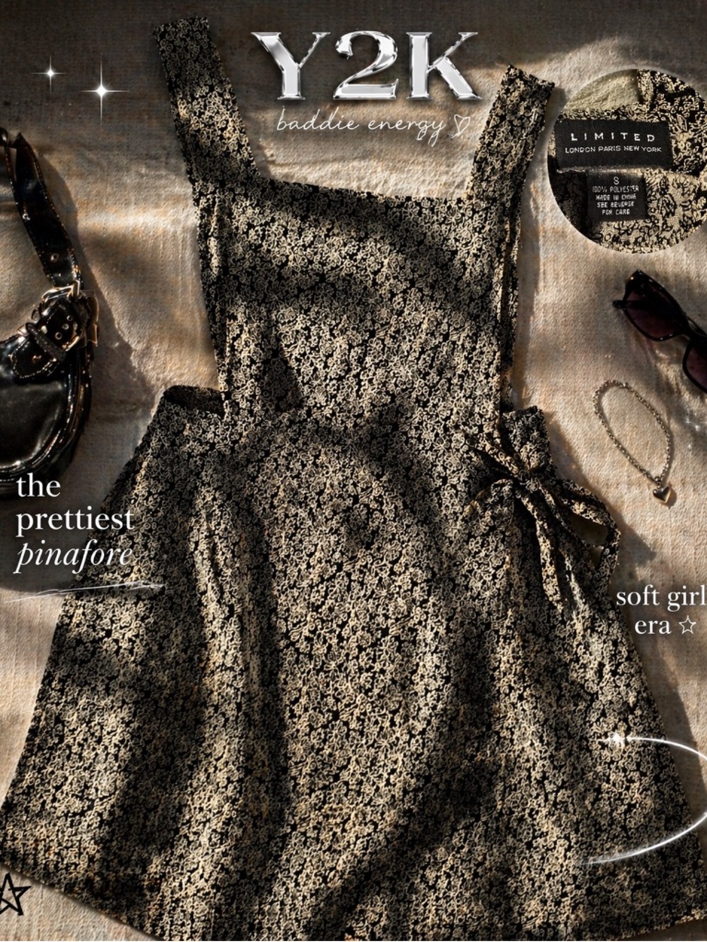 Limited Floral Pinafore Mini Dress Size Small Black Cream Tie Side